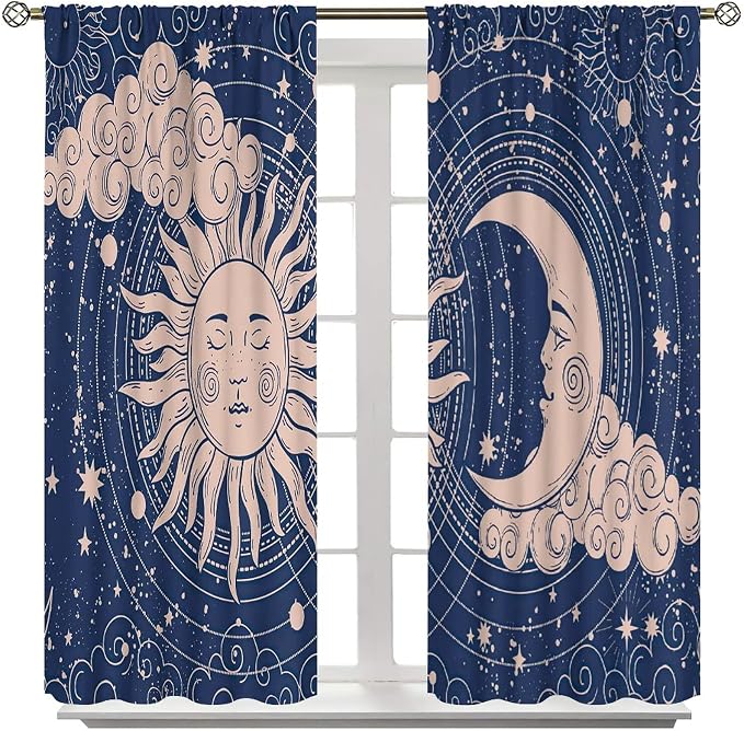 Sun Moon Blackout Windows Curtains, Boho Celestial Bodies Gold Sun Moon and Stars Pattern Window Drapes, for Living Room Bedroom 72x63in 2 Panels