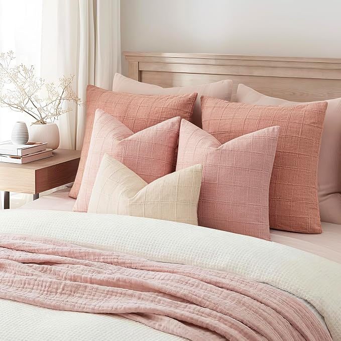 Foindtower Set of 2 Decorative Linen Check Throw Pillow Covers Neutral Farmhouse Vintage Cushion Covers Modern Boho Accent Home Decor for Sofa Chair Couch Bedroom Living Room,26×26 Inch,Light Pink