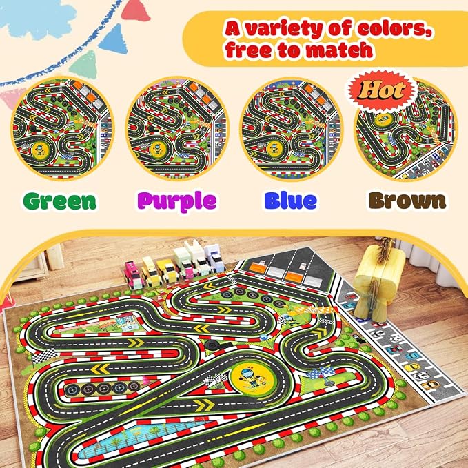 Kids Racing Rug 79''x118'' Car Road Kid Rug Carpet Playmat for Playoom Traffic Road Kid Play Mat for Bedroom,Washable Kids Educational City Traffic Road map Fun Carpet (Brown)