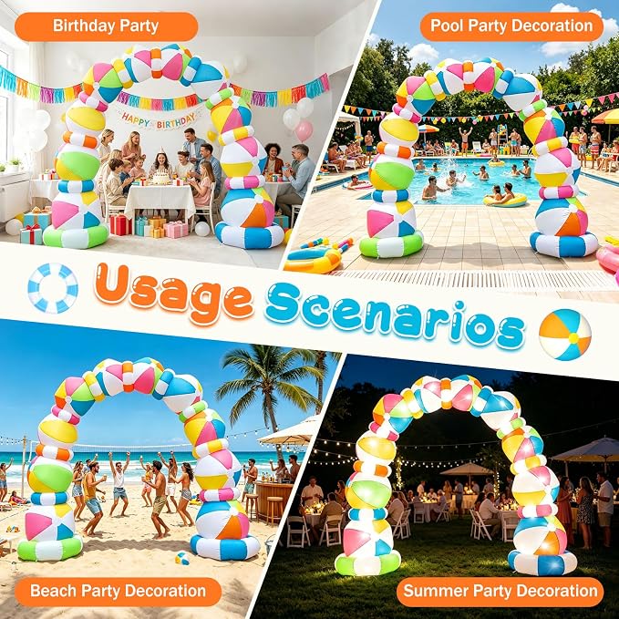 8 FT Inflatable Beach Ball Arch, Summer Inflatable Outdoor Decorations, Blow Up Beach Ball Archway with Built-in 8 LED Lights for Pool Beach Luau Party Yard Garden Photos Backdrop