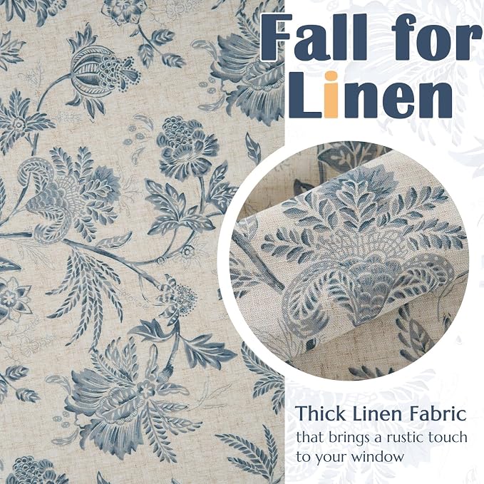 jinchan Floral Valance Curtain Linen Kitchen Valance for Windows 16 Inch Farmhouse Light Filtering Floral Short Window Treatment for Living Room 1 Panel Rod Pocket Double Layer Blue on Beige
