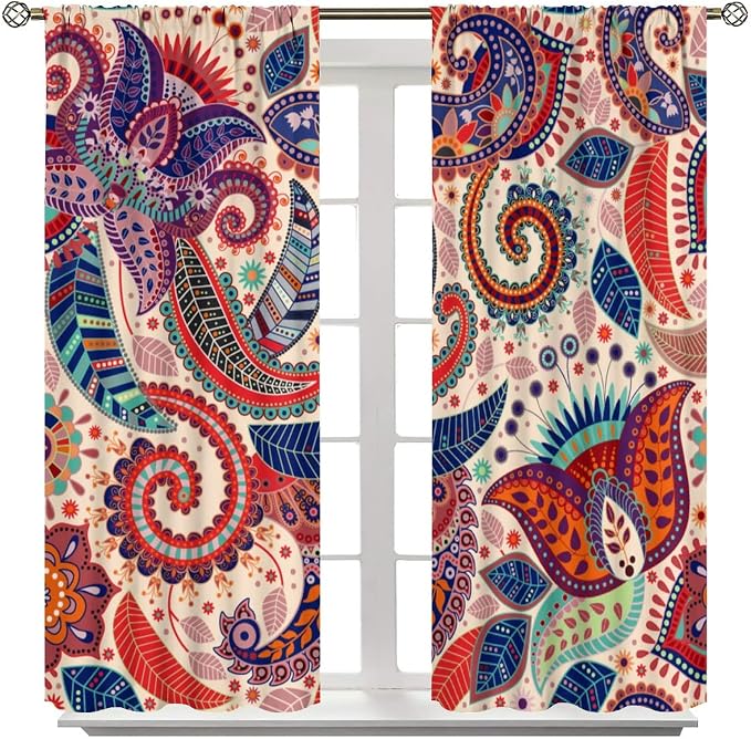 Boho Decorative Curtains Bedroom Living Room Rod Pocket Curtains, Vintage Boho Grill Floral Pattern 2 Panel Set, 52x84 in.