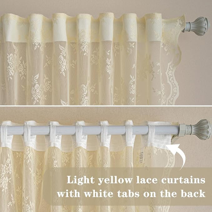 MEETSKY Lace Sheer Curtains 84 Inch Long 2 Panels Set Vintage French Victorian Spring Floral Pattern Design Light Filtering Rod Pocket Drapes for Living Room, 50" W Each Panel, Light Yellow