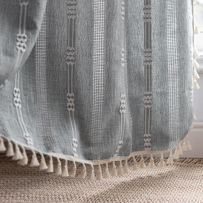 Boho Embroidery Striped Farmhouse Curtains - 84 Inch Long, 2 Panel Set, Blue Linen, Tassel, Semi-Blackout for Bedroom & Living Room (52" W x 84" L)