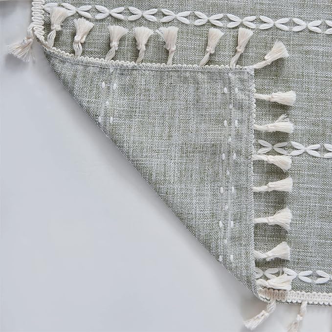 RoomTalks Sage Green Boho Kitchen Valances for Windows Rod Pocket 18’’L x 52’’W Spring Summer French Striped Modern Farmhouse Chic Tassel Curtain Valances for Bathroom Living Room