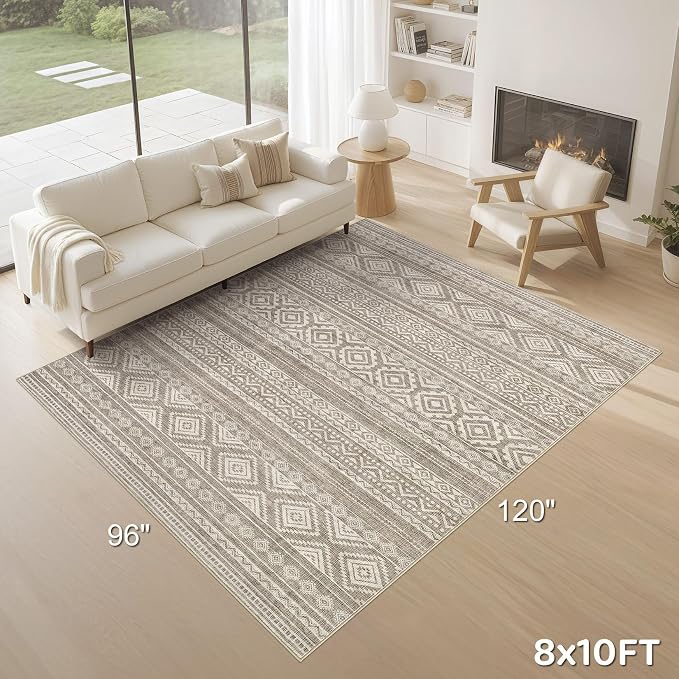cotiled 8x10 Area Rugs Living Room Rug: Washable Boho Rugs with Non Slip Backing Large Soft Indoor Stain Resistant Carpet for Bedroom Farmhouse Dining Room Lightweight Home Decor Coffee Brown