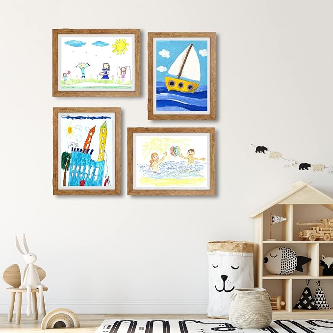 iRahmen Kids Art Frames 9x12 Set of 2 - Front Opening Childrens Picture Frame Changeable, Wood Artwork Display Storage for Wall Mount, Magnetic Door Holds 50 Art Pieces for Drawings, 3D Picture, Crafts, Portfolio, Brown
