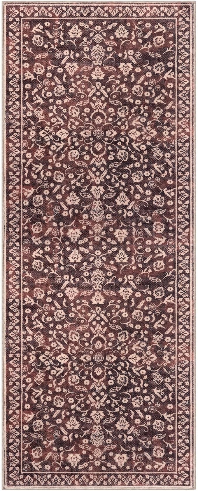 Vintage Washable Runner Rug 2x6, Burgundy Runners for hallways, Super Soft Kitchen Runner Rug Non Slip, Printed Faux Wool Floral Thin Carpet Runner for Entryway Laundry Room Bedroom