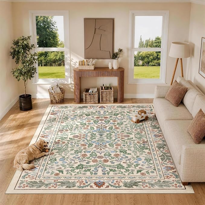 Floral 5x7 Area Rugs for Living Room, Machine Washable Vintage Rug Boho Low Pile Carpets Non Slip Soft Carpet for Farmhouse Bedroom Office Rugs, Kids Room, Nursery Room, Playroom, Beige