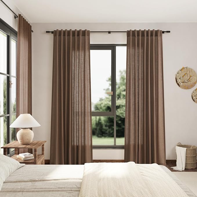 Caramel Brown Linen Curtains 90 Inch Length 2 Panels Set for Living Room Back Tab Rod Pocket Window Drapes Light Filtering Modern Farmhouse Curtain 90 Inches Long for Dining Room Nursery 52x90