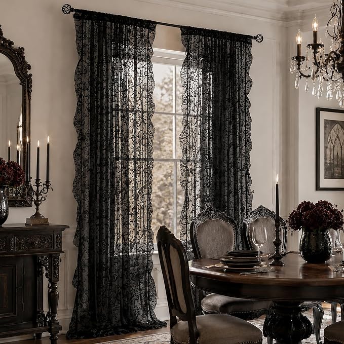 TUDECO Black Curtains 96 Inches Long - Luxury Floral Ruffled Lace Black Floral Curtains Embroidered Light Filtering Goth Victorian Decor Rod Pocket Window Treatment 2 Panles, 59 x 96 Inch