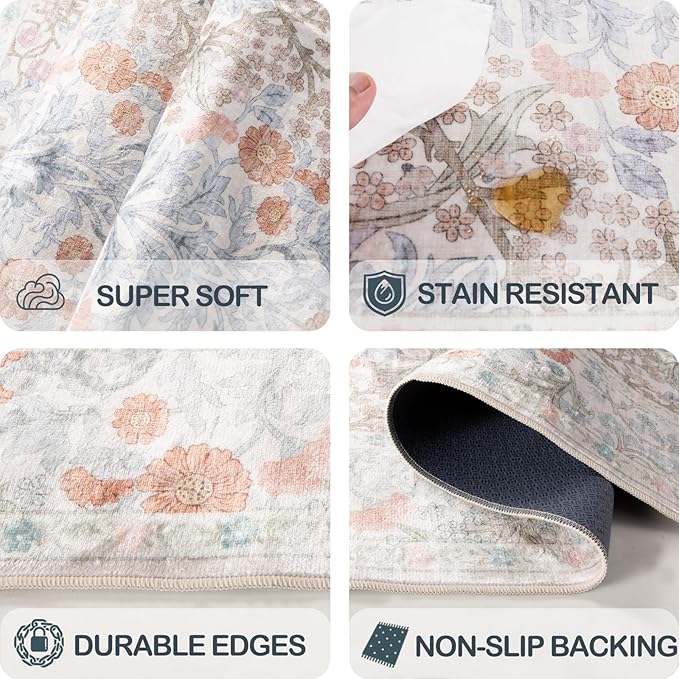 Washable 2' x 6' Runners for Hallways, Non Slip Long Floor Runner for Kitchen, Entryway Indoor, Stain Resistant Rubber Backing Floral Decor Rug (Beige Blue)