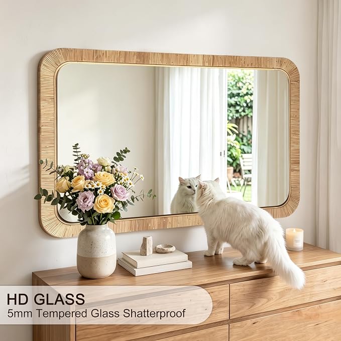 Decorative Rattan Wall Mirror, Boho Bathroom Modern Makeup, Rustic Wall Bohemia Mirrors for Bedroom, Living Room, Vanity Versatile Farmhouse, Nursery, Bathroom (Rectangular 48" x30“)