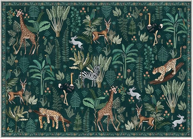 OPPODREAM Animal Soft Area Rugs 5x7, Washable Green Rug with Non Slip Backing, 5 x 7 Faux Cashmere Low-Pile 5x7 Carpet
