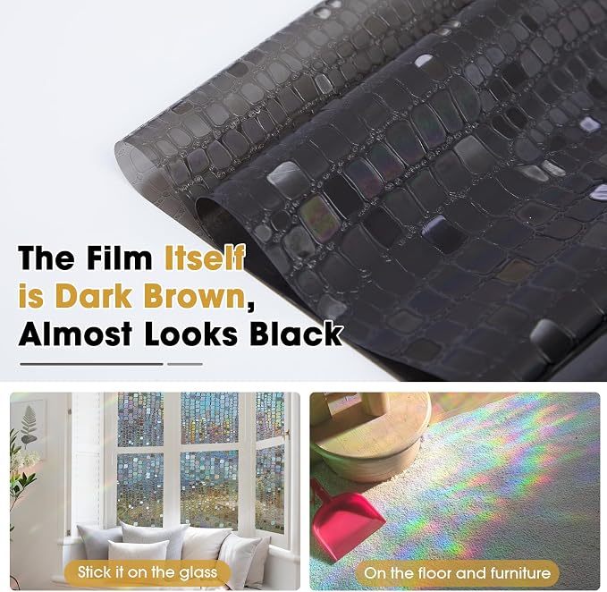 Windimiley Rainbow Window Privacy Film, 3D Stained Glass Christmas Decorative Window Clings, UV Heat Blocking Holographic Prism Stickers for Home (23.6 x 78.5In,Brown)
