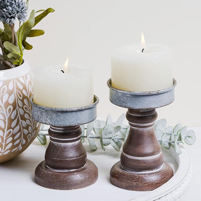 GenMous&Co. Decorative Candle Holders Pedestal Rustic Wood for Pillar Candle Farmhouse Candlestick Holder Galvanized Plate for Mantel, Dining Table, Centerpiece,Coffee Bar,Set of 2(Brown