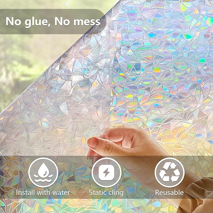 Lemon Cloud Window Privacy Film, Stained Glass Window Stickers, Decorative Rainbow Static Cling for Sun Blocking, Window Covering Prism Film, No Glue Anti-UV Tint, Half Moon Pattern, 17.5" x 118.1"