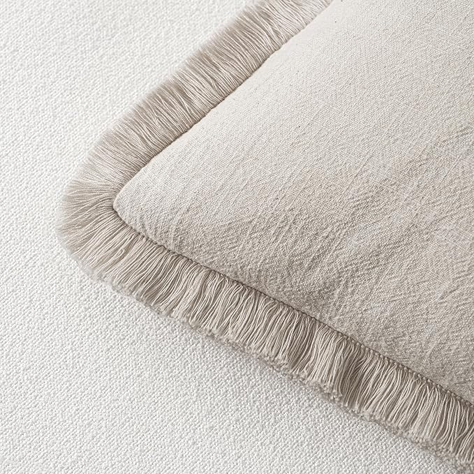 MIULEE Decorative Throw Pillow Covers Neutral Linen Fringe Throw Pillows Set of 1 Natural Beige Boho Farmhouse Cushion Covers for Couch Sofa Bed Living Room Spring Home Decor 14x36 Inch