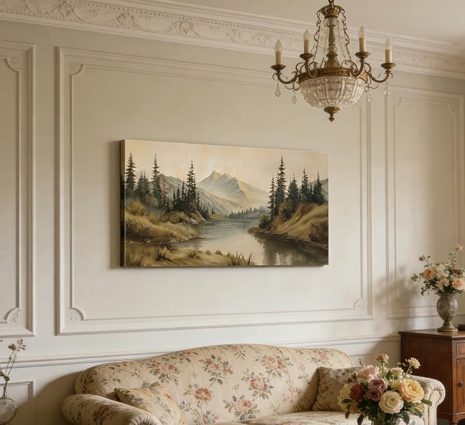 ZAWUDVC Large Neutral Mountain Lake Wall Art, Pine Forest Landscape Canvas Print Poster, Rustic Nature Green Botanical Wall Decor for Living Room Bedroom, Earth Tone Forest Wilderness Art,
