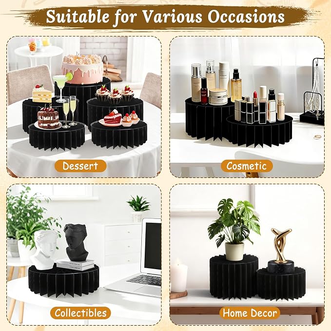 5Pack Buffet Risers Display Stands Foldable Food Risers for Buffet Table Tall Cake Cupcake Stands Cardboard Cylinder Stand Dessert Table Display Set for Catering Jewelry Wedding Party Decor (Black)