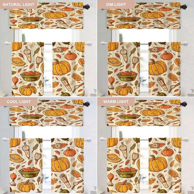 Shrahala Thanksgiving Seamless Pattern Blackout Curtain Tiers, Pumpkin Apple Pear Leaves Kitchen Valance Light Blocking Tier Drapes with Rod Pocket, 2 Pack 26 X 36 in