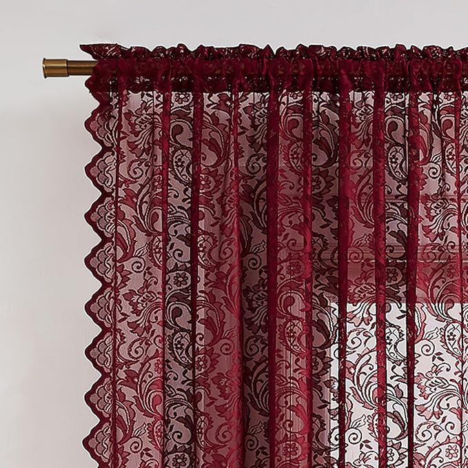 Bujasso Burgundy Red Lace Sheer Curtains for Bedroom Living Room, Victorian Floral Embroidered Wine Red Window Drapes with Scalloped Edge, Light Filtering&Privacy, Rod Pocket 2 Panels 52Wx95L Inches