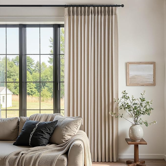 102 Inch Long Curtains Pinch Pleat Linen Curtains for Living Room 2 Panels Set,Beige Light Filtering Farmhouse Boho 102 Inch Pleated Semi Sheer Curtain with Hooks Floor Ceiling Bedroom Window
