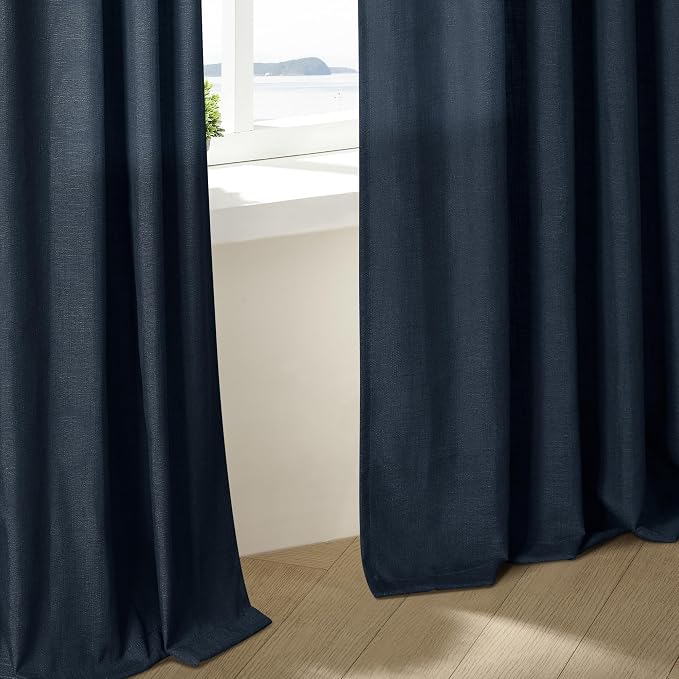 Navy Short Linen Curtains 45 Inch Length 2 Panel Set for Small Windows Dark Blue Linen Cotton Light Filtering Drapes Privacy Pinch Pleated Back Tab Semi Sheer Kitchen Curtains 45 Inches Long