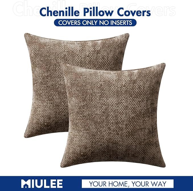 MIULEE Pack of 2 Couch Throw Pillow Covers 24x24 Inch Neutral Brown Boho Accent Decorative Pillow Covers Soft Chenille Farmhouse Cushion Covers for Home Decor Bed Sofa Living Room