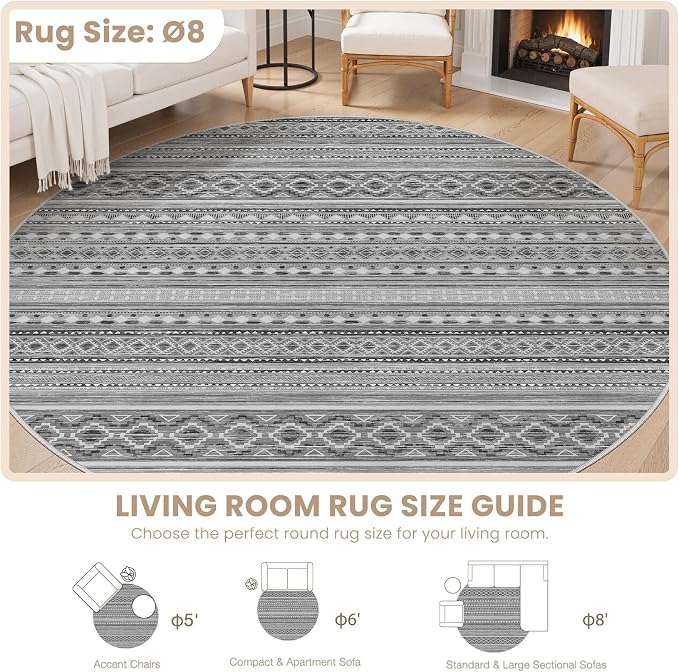 cotiled 8x8 Round Area Rugs Living Room Rug: Washable Boho Rugs with Non Slip Backing Large Soft Indoor Stain Resistant Carpet for Bedroom Farmhouse Dining Room Lightweight Home Decor Beige Grey