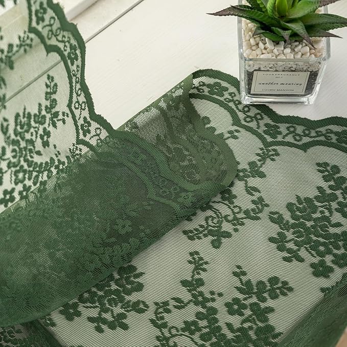 YJ YANJUN Vintage Lace Curtains 45 Inch Length-Victorian Floral Pattern Dark Green Boho Short Sheer Curtain Panels for Bathroom Bedroom,Light Filtering, Bohemian Decor 2 Panels 52W x 45L