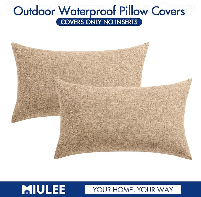 MIULEE Pack of 2 Decorative Outdoor Solid Waterproof Throw Pillow Covers Faux Linen Garden Farmhouse Cushion Cases for Patio Tent Balcony Couch Sofa 20x12 Inch Light Tan