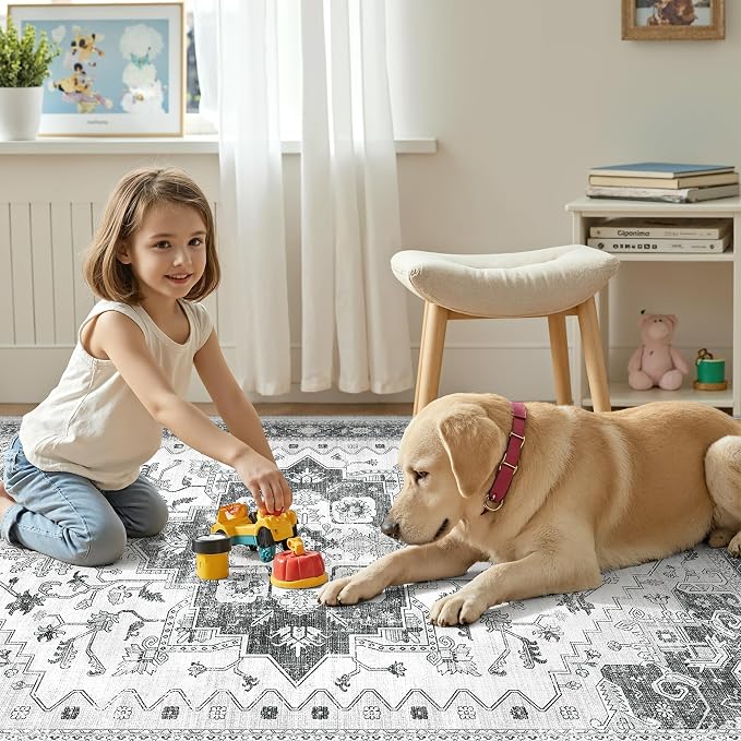 Runner Rug 2'x8' Washable Vintage Area Rugs for Hallway Non Slip Laundry Rug Runner Boho Floor Carpet Runners for Entryway Laundry Room Kitchen Bathroom (2'x8',Grey)
