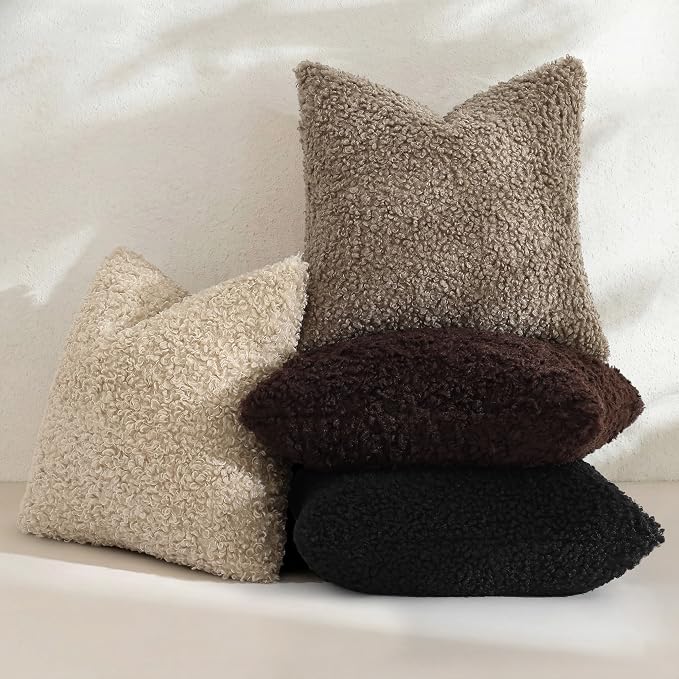 decorUhome Pack of 2 Throw Pillow Covers 24x24 Inch, Faux Fur Decorative Sherpa Pillow Covers Fuzzy Accent Soft Sheepskin Fleece Pillow Cases for Couch Living Room Bed, Khaki