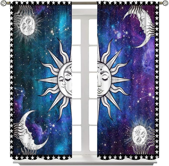 Sun Moon Blackout Curtains, Abstract Bohemian Cosmos Night Sky Galaxy Moon Sun Window Drapes, for Bedroom Living Room 72" W X 63" L