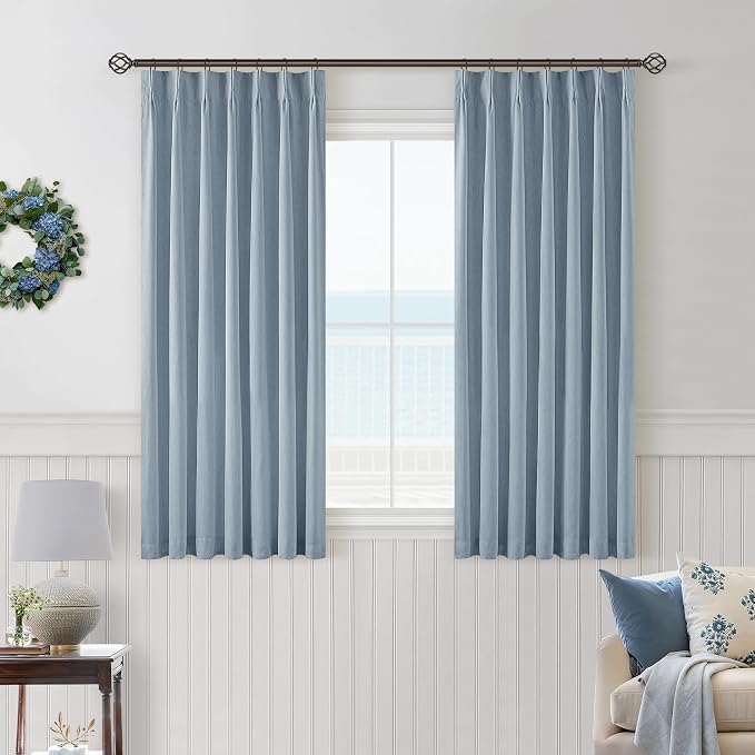 Dusty Blue Linen Blackout Curtains 45 Inch Length 2 Panels Pinch Pleated Back Tab Short Curtains for Kitchen with 100% Blackout Liner Neutral Farmhouse Drapes for Basement Thermal Insulated Drape