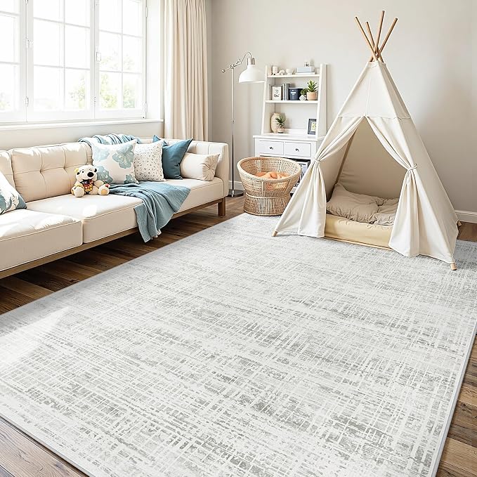 4x6 Area Rugs Washable Rug: Anti-Skid Abstract Modern Living Room Rug Soft Thin Carpets Indoor Floor Non-Shedding Carpet for Bedroom Dining Farmhouse Nursery Home Office (White Gray, 4'x6')