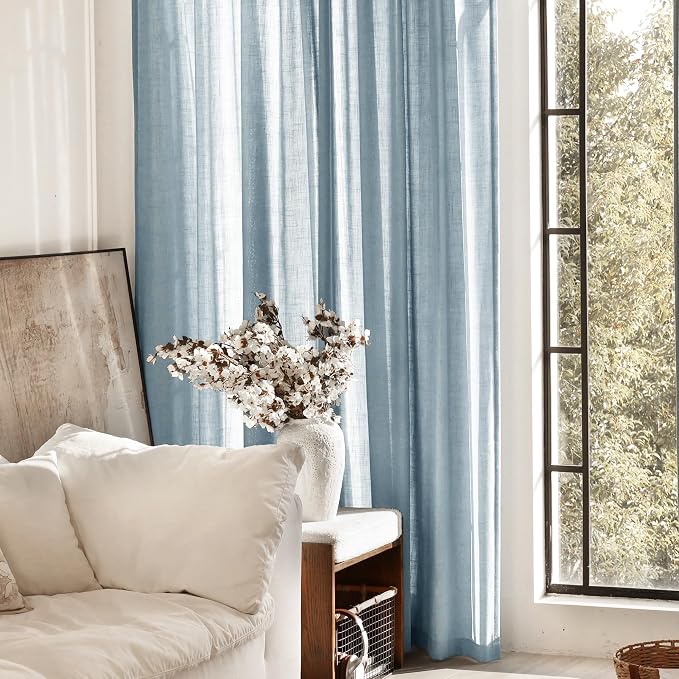 Dusty Blue Linen Curtains 84 inch Long for Living Room Back Tab Light Filtering Semi Sheer Light Blue Bedroom Curtains Linen Cotton Textured Grey Blue Drapery Panel Airy Modern Aesthetic Decor