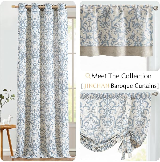 jinchan Linen Valance Curtain for Kitchen Vintage Damask Floral Light Filtering Double Layer Small Window Valance for Living Room Bedroom Bathroom 18 Inch Rod Pocket 1 Panel Light Blue on Beige