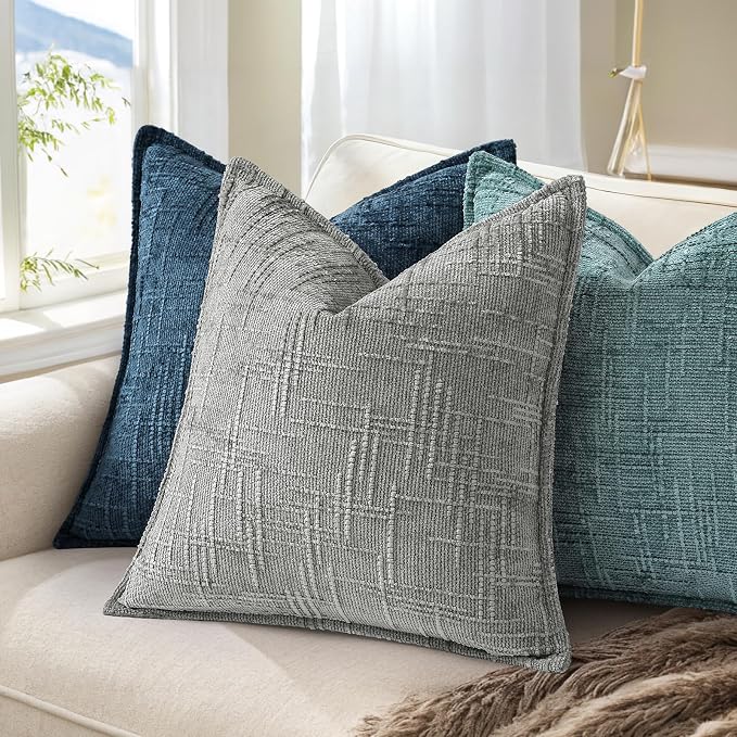 decorUhome Chenille Throw Pillow Covers 22x22 Set of 2, Soft Textured Slubby Modern Decorative Pillow Covers with Elegant Design for Couch, Sofa, Living Room, Grey