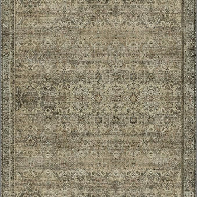 GENIMO 3x5 Area Rugs for Living Room, Machine Washable Non Slip Vintage Rugs, Low Pile Lightweight Chenille Print Rug for Bedroom, Dining Room, Home Office, Green Khaki