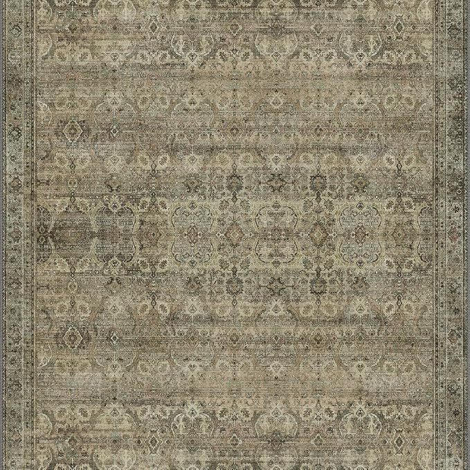 GENIMO 3x5 Area Rugs for Living Room, Machine Washable Non Slip Vintage Rugs, Low Pile Lightweight Chenille Print Rug for Bedroom, Dining Room, Home Office, Green Khaki