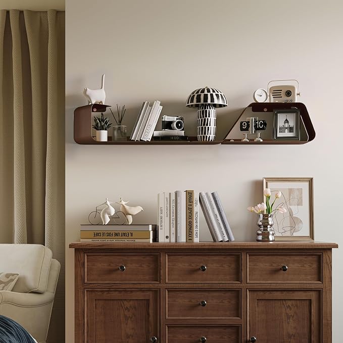 Sttoraboks Floating Wall Shelves Set of 3, Metal Mounted Shelf with Unique Design, Bookshelf for Storage & Display in Bathroom, Bedroom, Kitchen, Living Room, Brown Home Decor