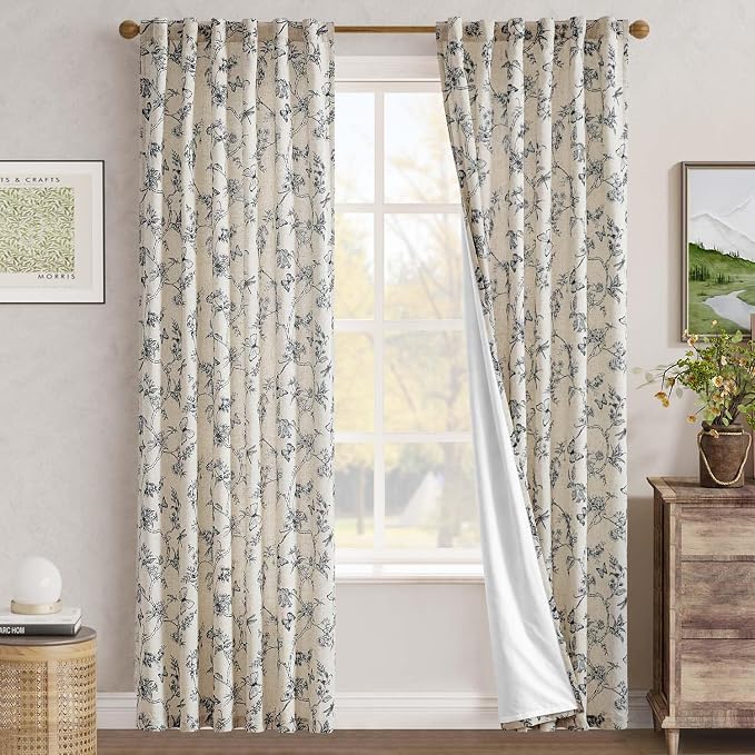jinchan Floral Curtains Lined Linen Blend Curtain for Living Room 84 Inch Length Black Farmhouse Flower Patterned Curtain French Country Curtains Drapes Back Tab Rod Pocket 2 Panels
