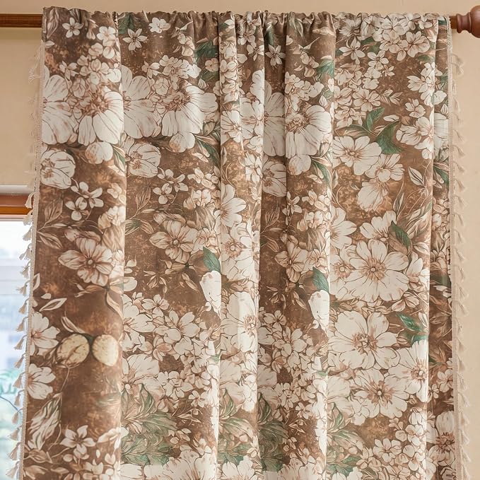 OYX Boho Floral Curtains 84 Inch, Linen Farmhouse Flower Drapes with Lace & Tassels, Light Filtering Semi Sheer Curtains for Living Room Bedroom, 2 Panels
