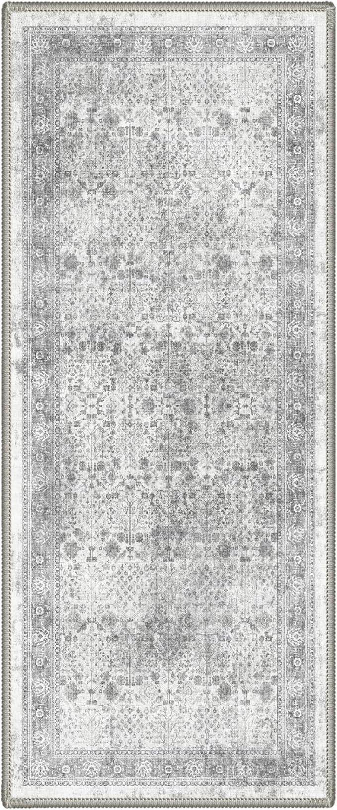 Bavni 2x5 Rug Runners for Hallways, Machine Washable Runner Rug Non Slip, Vintage Floral Print Style Rugs for Bedroom-Lightweight Low Pile Carpet for Hallways Bathroom, Grey