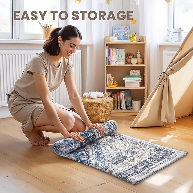 zesthome Long Hallway Runner Rug- Carpet Runners for Hallway 12ft, Anti Slip Backing Washable Rug Runner for Bathroom, Entrance, Living Room, Soft Low Pile Rug Runner(Blue/Beige,2'x12')