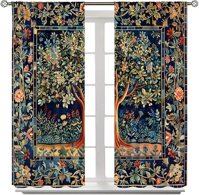 William Morris Flower Blackout Curtains, Rustic Colorful Forest Tree of Life Floral Window Drapes, for Bedroom Living Room 63" W X 72" L