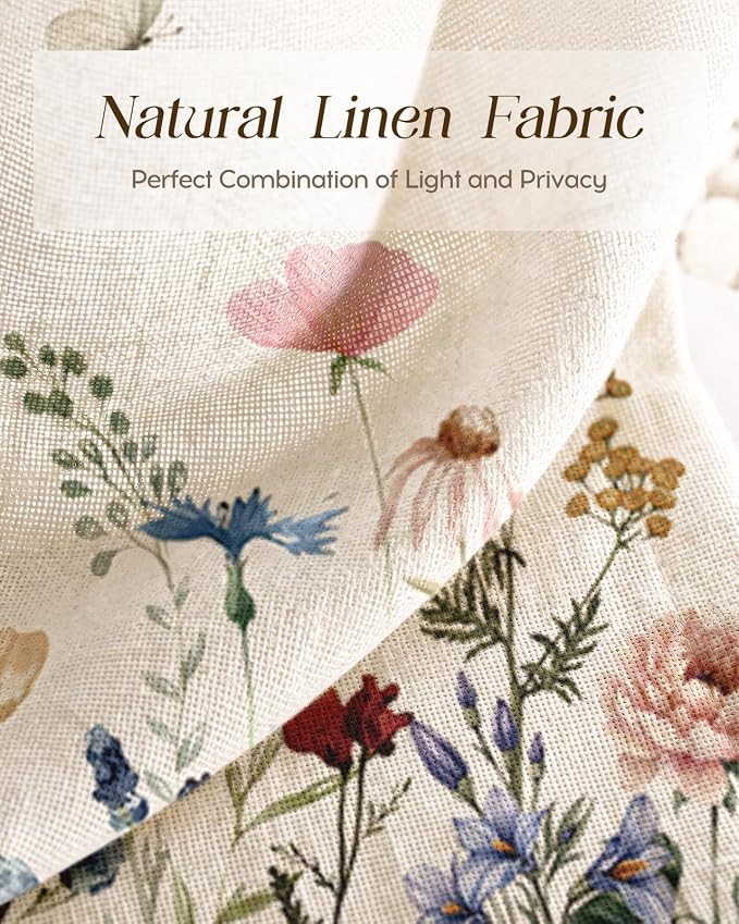 Miss Adola Floral Kitchen Tier Curtains - 18 Inch Length Linen Blend Farmhouse Cafe Curtains Vintage Small Window Treatments Over Sink Rod Pocket for Bathroom Living Room Light Filtering, 2 Panels