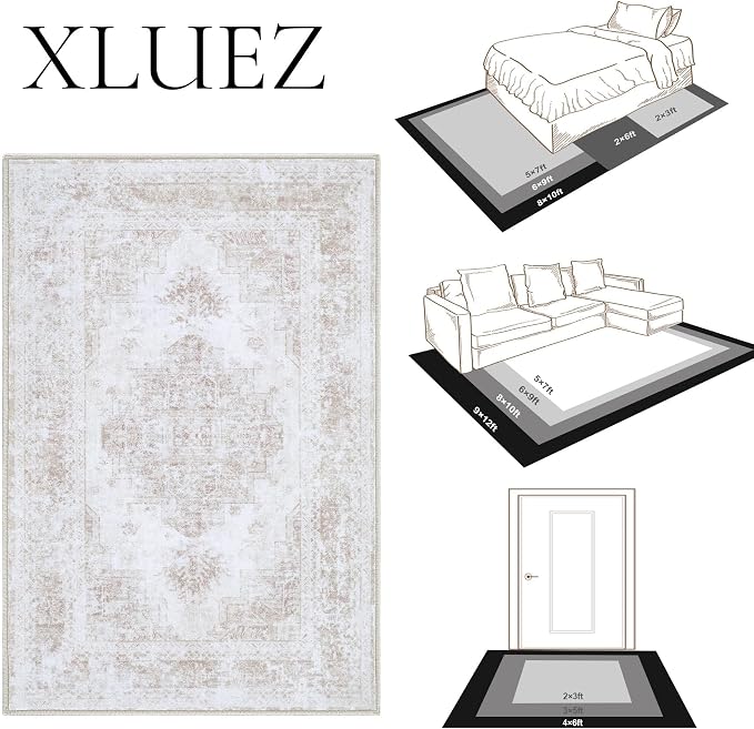 XLUEZ Runner Rug 2x6 Vintage Rugs, Machine Washable Kitchen Runner Retro Medallion Distressed Rug Non-Slip Soft Low Pile Hallway Rugs for Entryway Bedroom Bathroom Laundry(Beige,2'x6')